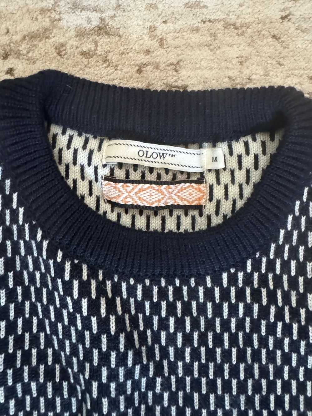 Olow Men's Navy and White Patterned Crewneck Sweater